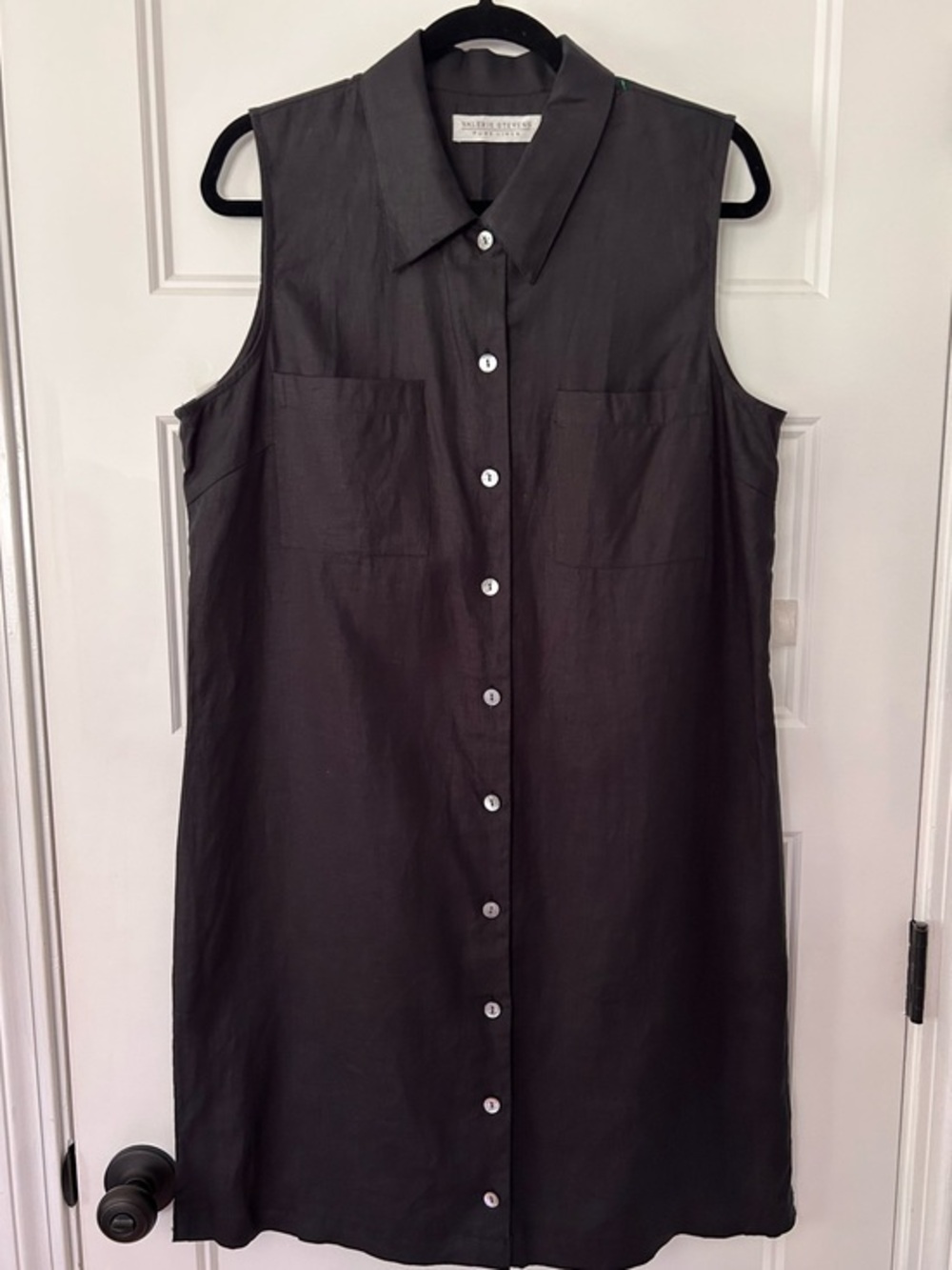 Valerie Stevens Pure Linen Sleeveless Shirt Dress Black Size 12 Minimal Classic